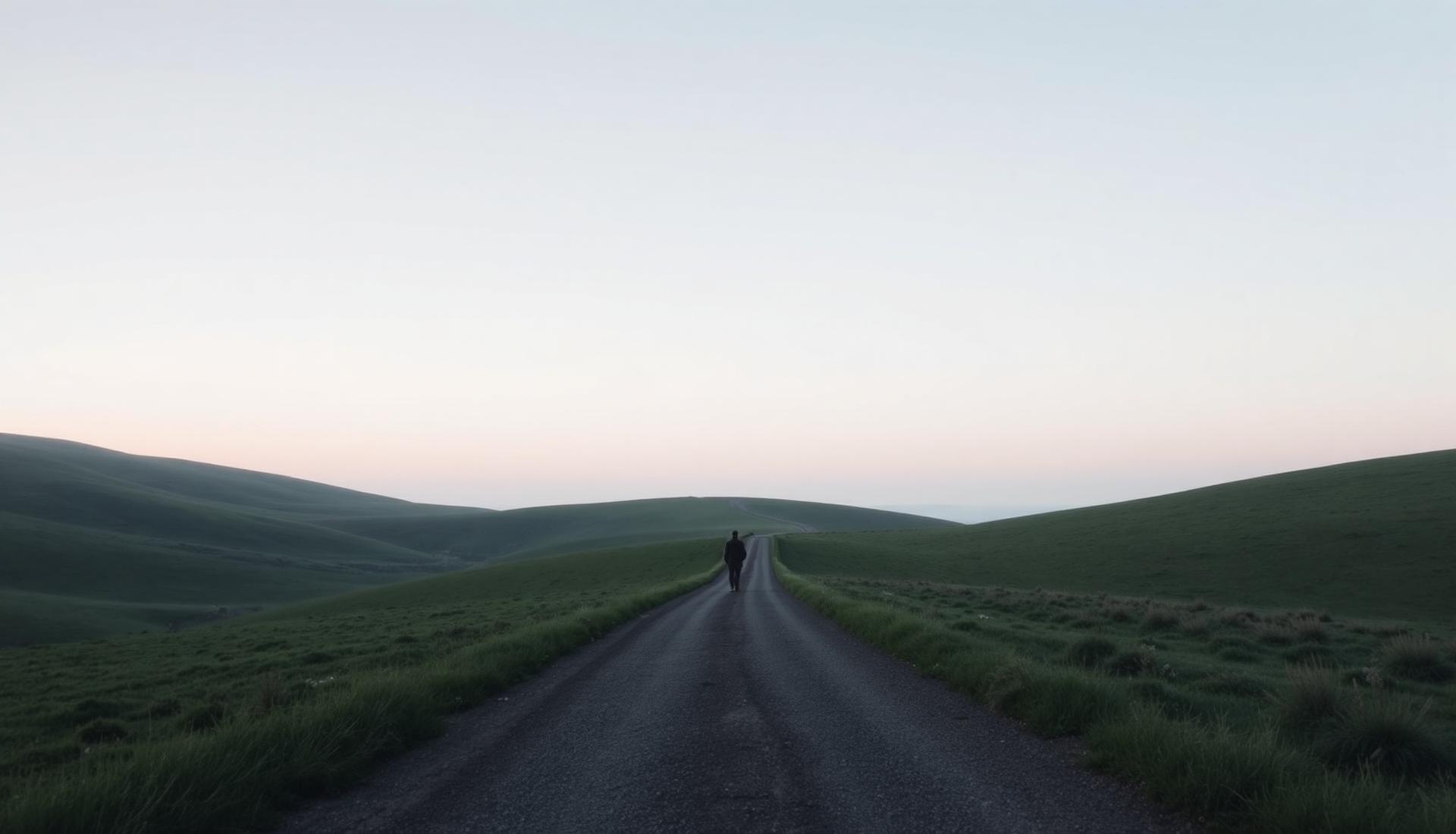 A figure walking a quiet path between rolling hills at dawn